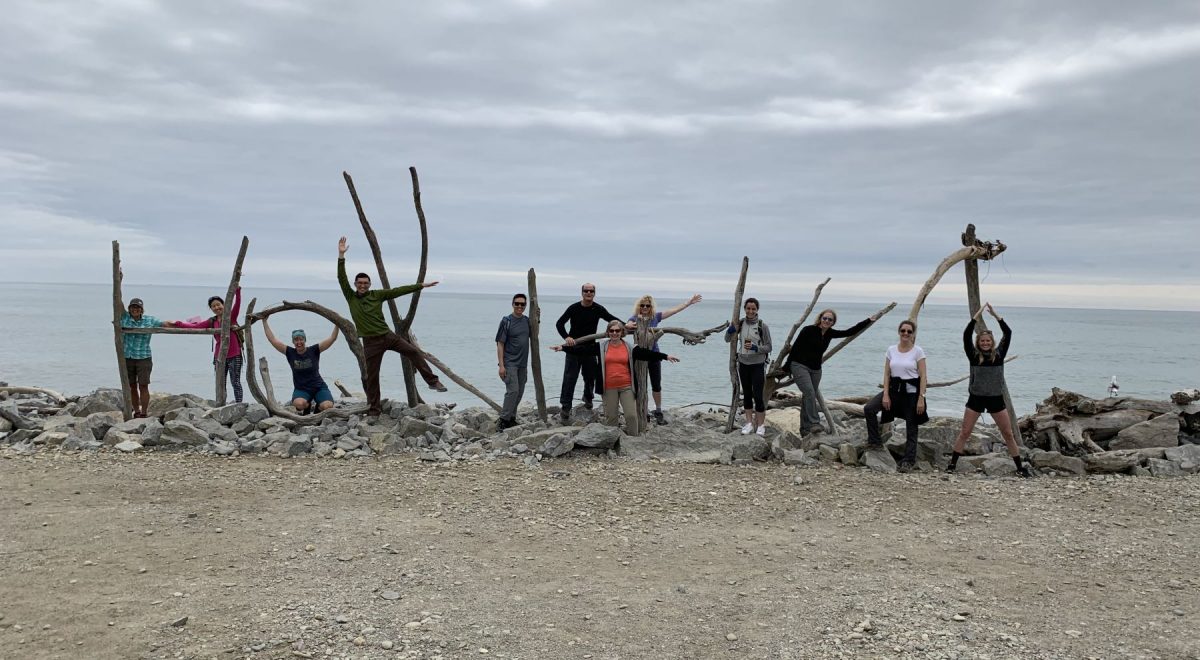Our group posing at the beach at Hokitika