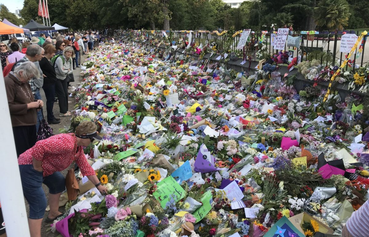 Flowers mourning the mosque shootings in front of the Botanical Gardens in 2019