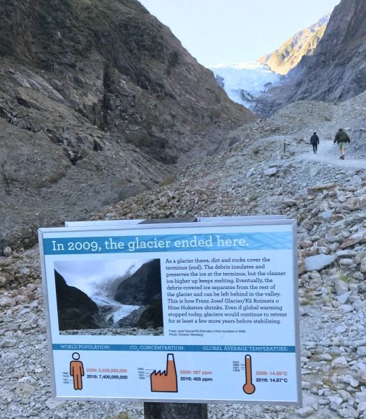 Sign marking where the end of the glacier was in in 2009
