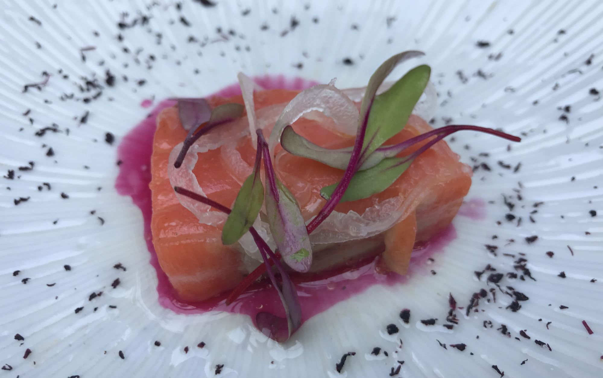 The salmon course of the tasting menu at Spago