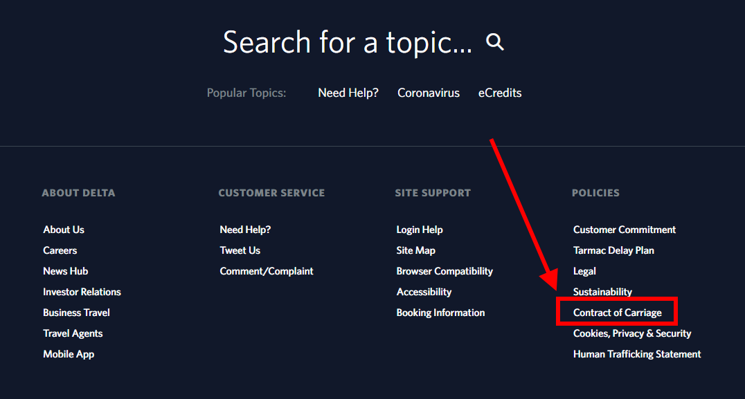 Delta website's Contract of Carriage link in the footer