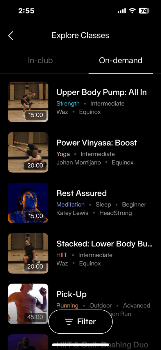 Classes on the Equinox app